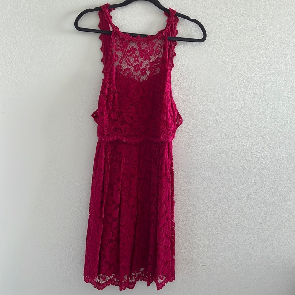 EUC Free People Hot Pink Open Back Lace Tank Skater Dress Size XS